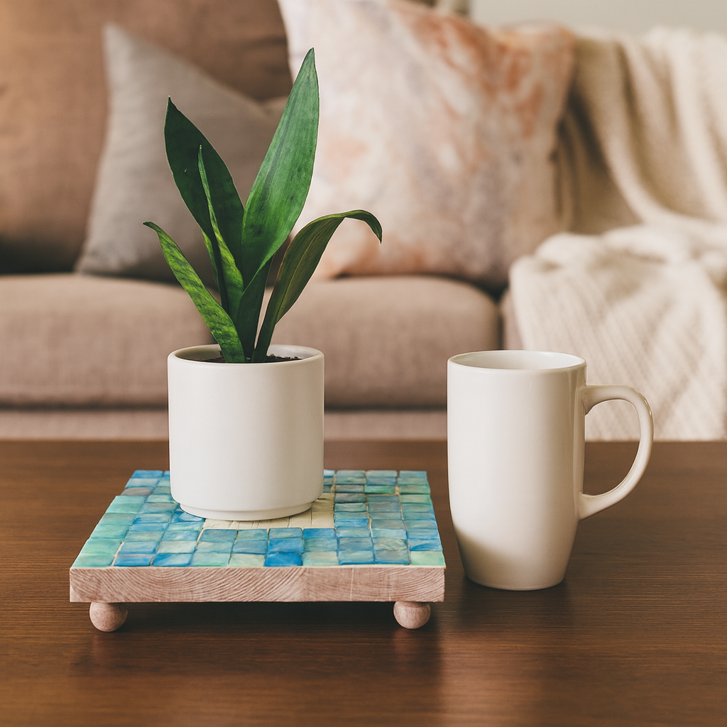 Handcrafted square turquoise plant stand with four legs, made of wood, designed to elevate potted plants with a vibrant finish.