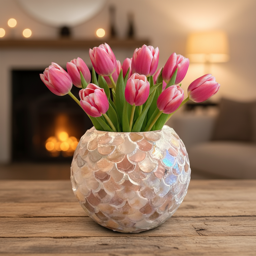 Handcrafted scalloped Capiz-style mosaic bowl with iridescent shell pattern, showcasing intricate design and shimmering surface.