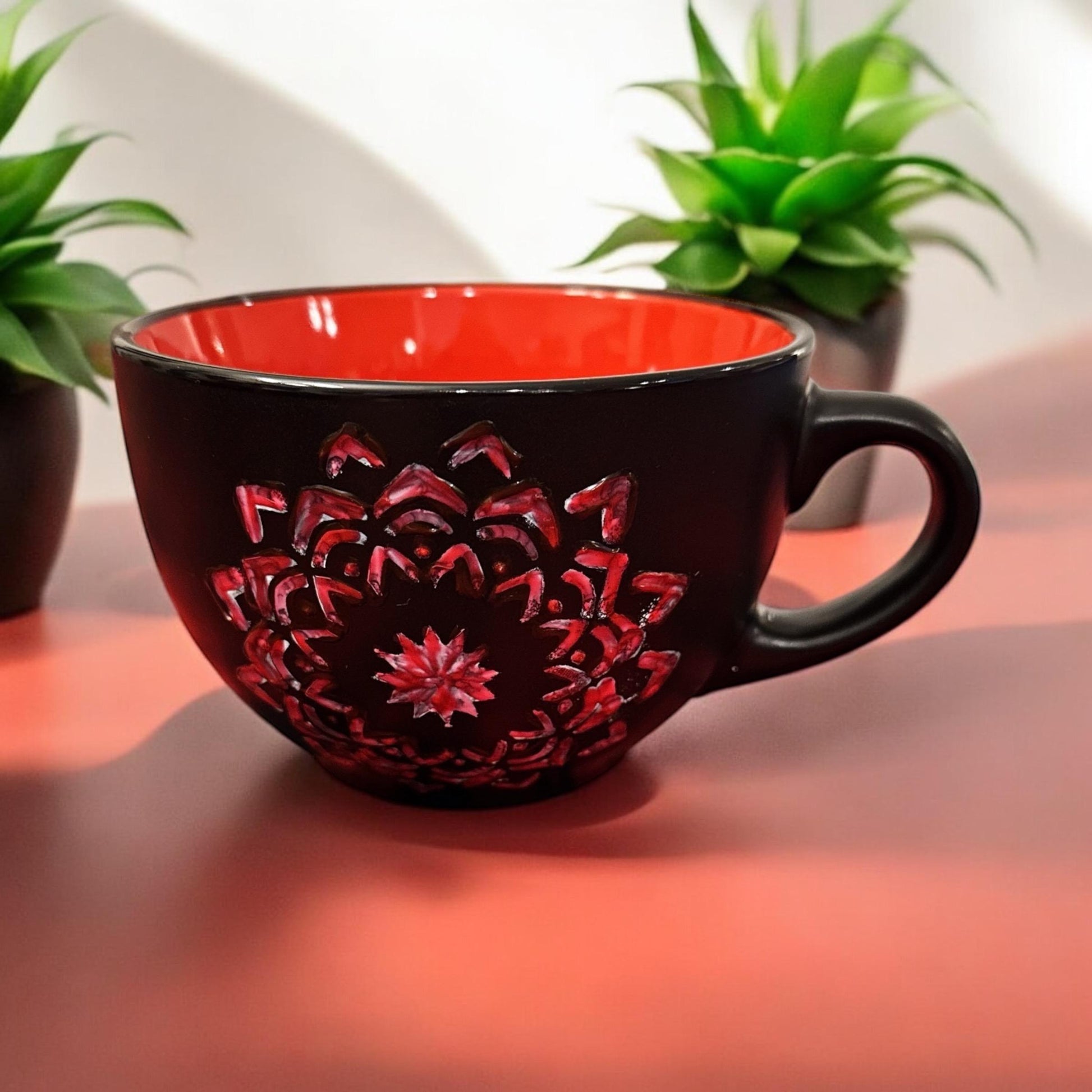 Handpainted extra large coffee mug with colorful floral design, perfect for enjoying large coffee servings.