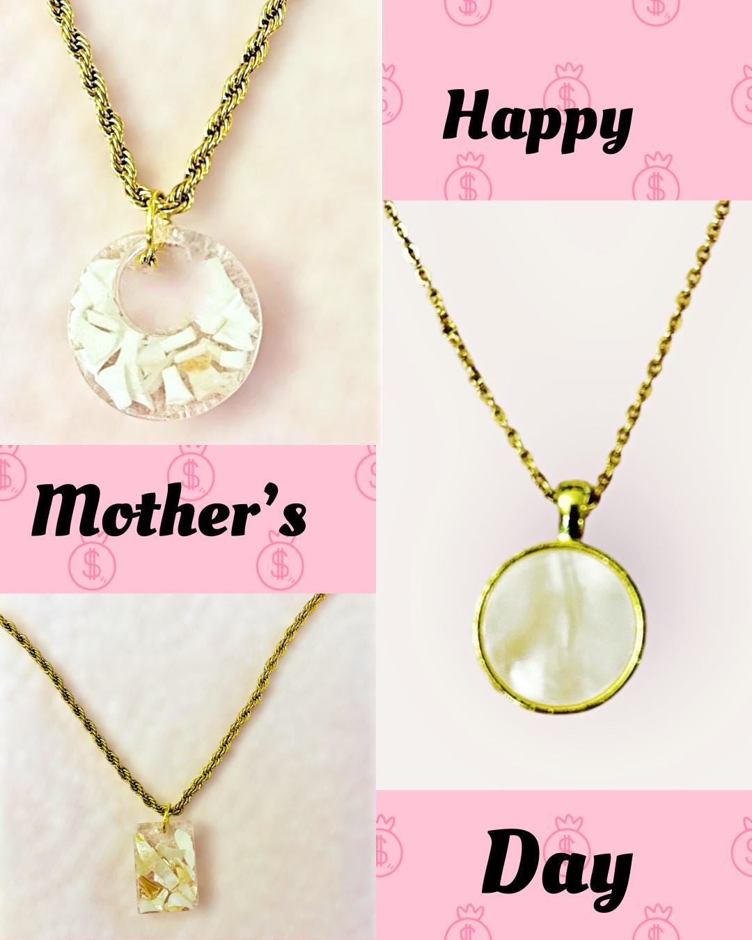 Iridescent shell resin circle pendant hanging on a chain, showcasing its shimmering, colorful, circular jewelry design.