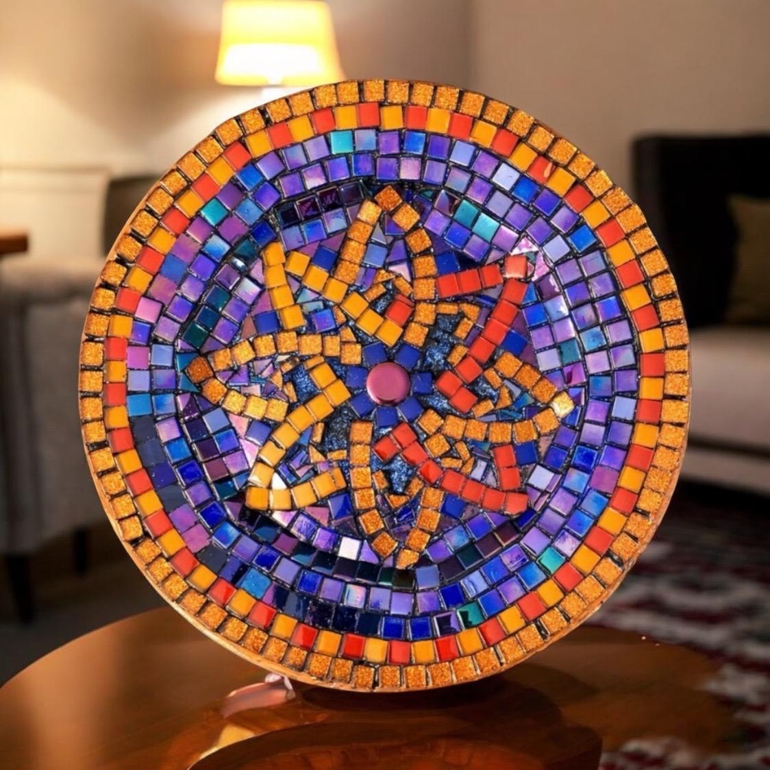 Colorful mid-century modern mosaic decorative plate with intricate geometric patterns, ideal for wall display or table decor.