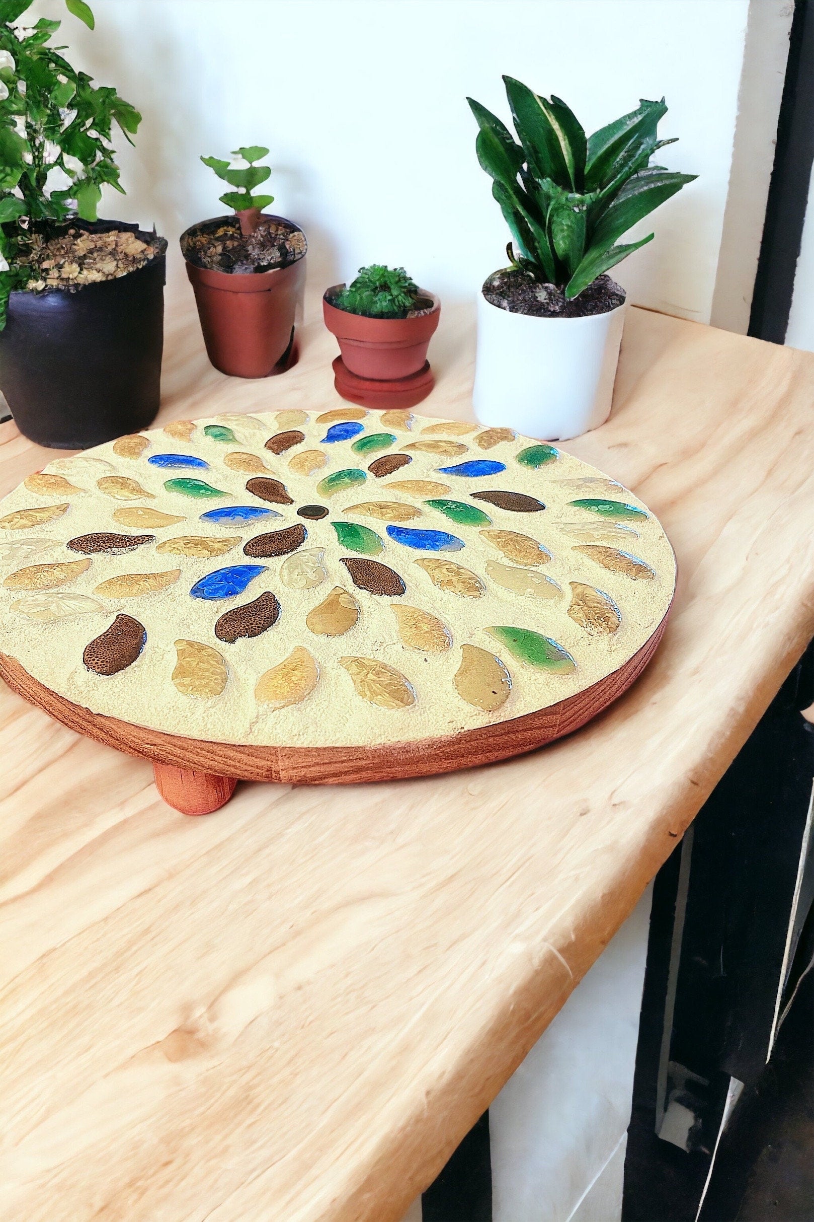 Handcrafted earth tone mosaic plant stand with multiple tiers, made by My Store, designed to display potted plants beautifully.
