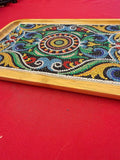 Handcrafted diamond art bamboo serving tray with intricate designs, natural wood finish, and handles for serving or display.