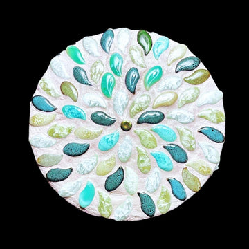 10-inch handcrafted botanical petal mosaic plant stand with colorful floral design, perfect for indoor or outdoor plants.