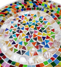 Colorful handcrafted mosaic fruit bowl with vibrant fruit patterns, made of ceramic, showcasing intricate mosaic design.