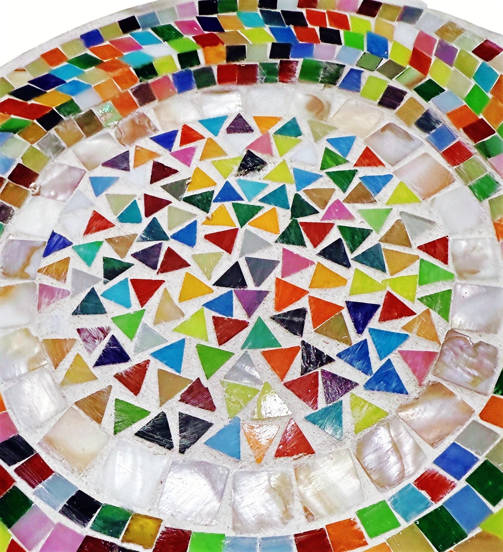 Colorful handcrafted mosaic fruit bowl with vibrant fruit patterns, made of ceramic, showcasing intricate mosaic design.