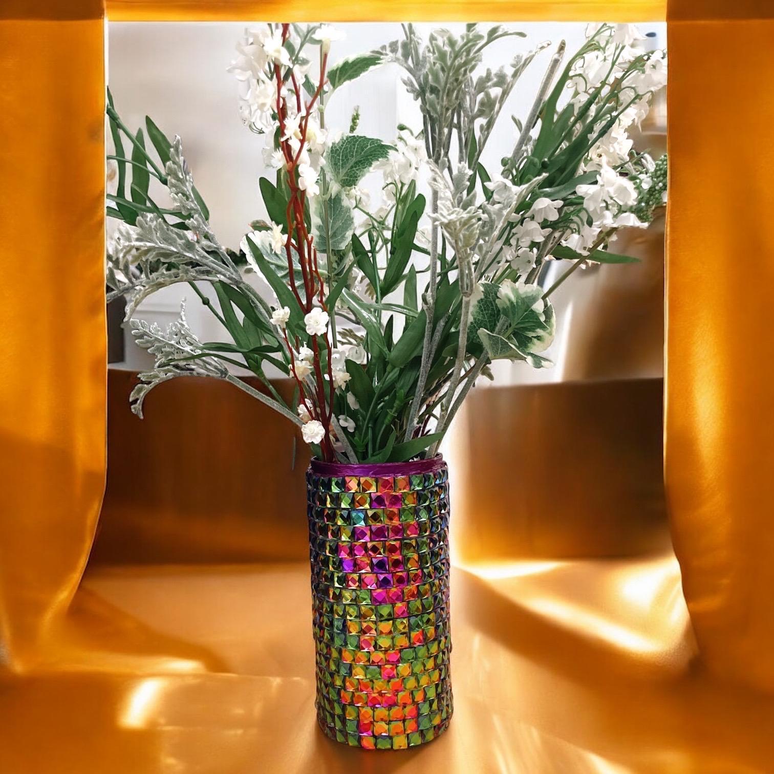 Prismatic rainbow mosaic cylindrical vase with colorful glass tiles, decorative home decor from My Store.