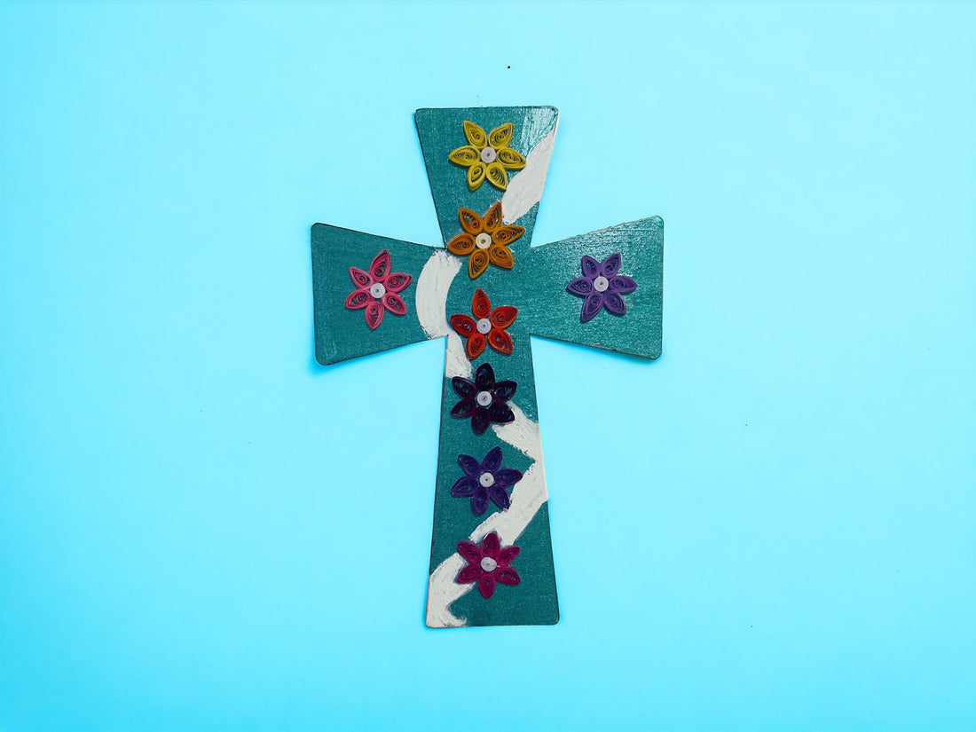 Handcrafted mosaic cross with colorful ceramic tiles, detailed religious decor piece from My Store.
