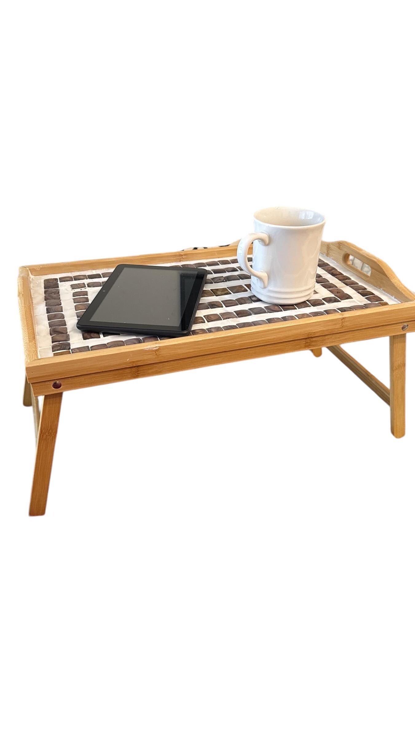 Rustic bamboo bed tray with stone mosaic inlay for serving or breakfast in bed, featuring natural wood and decorative stone accents.