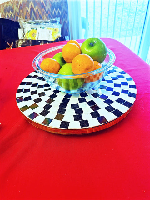Lazy Susan | Black and White| Mosaic Tray| Wood and Tile Lazy Susan | Rotating Centerpiece