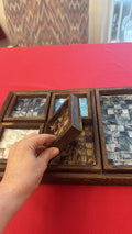 Multicolor cascade decorative wood tray with geometric design, perfect for tabletop or centerpiece display.