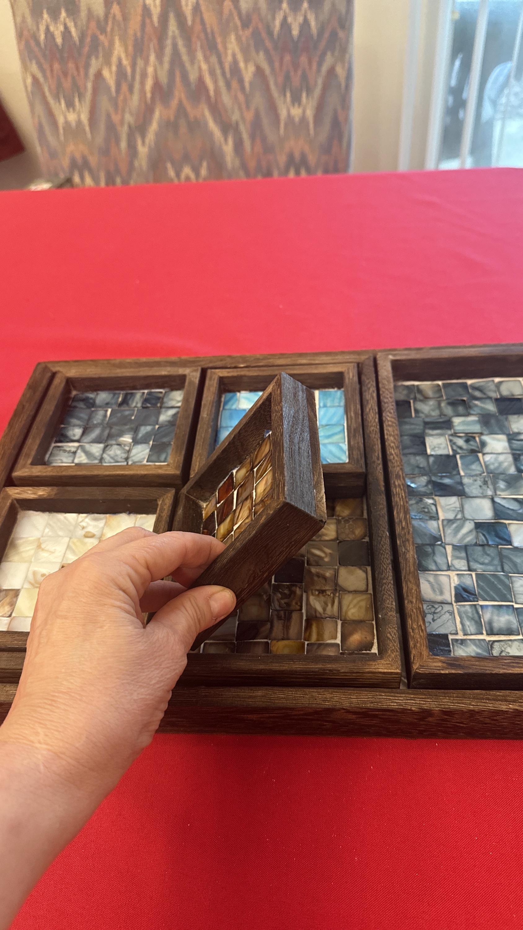 Multicolor cascade decorative wood tray with geometric design, perfect for tabletop or centerpiece display.