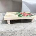Geometric teal and azure mosaic bed tray with wooden handles, designed for serving and decorative use.