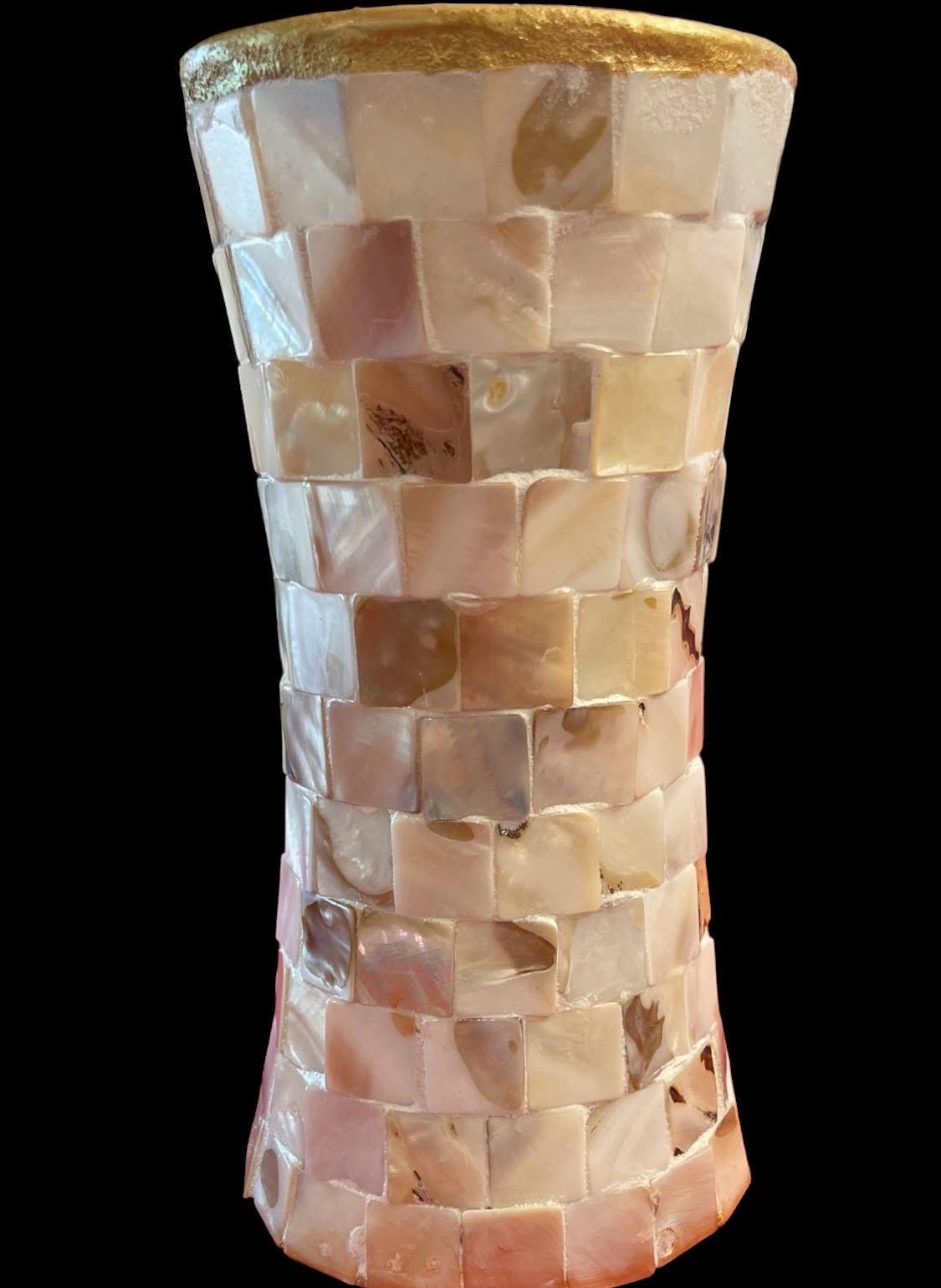 Golden Sand Mother of Pearl hourglass vase with intricate design and glossy finish, perfect for elegant home decor.