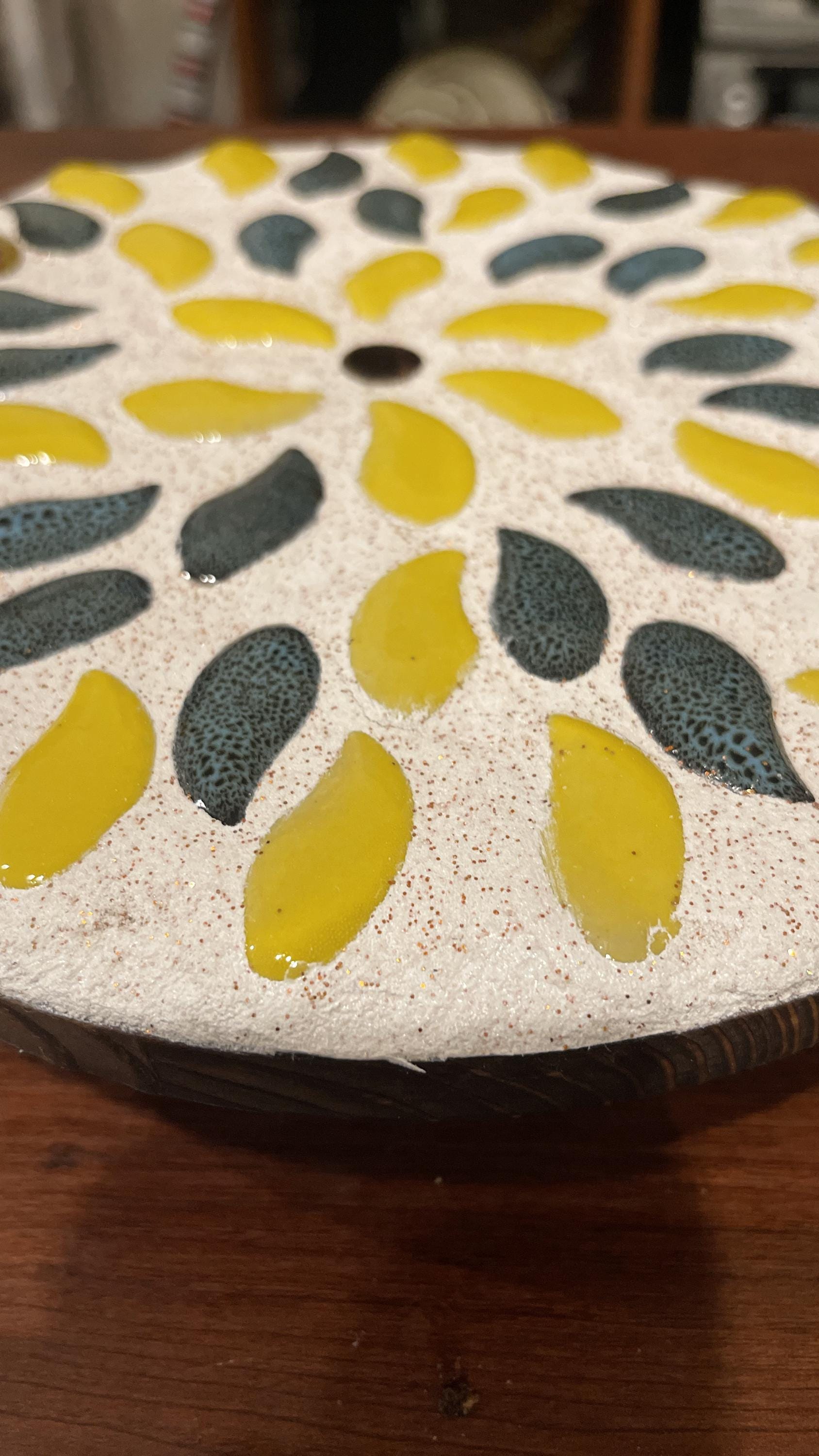 10-inch handcrafted botanical petal mosaic plant stand with colorful floral design and sturdy base for indoor or outdoor use