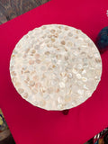 Tall Capiz shell mosaic plant stand featuring a cylindrical design with a decorative shell pattern for indoor or outdoor use.
