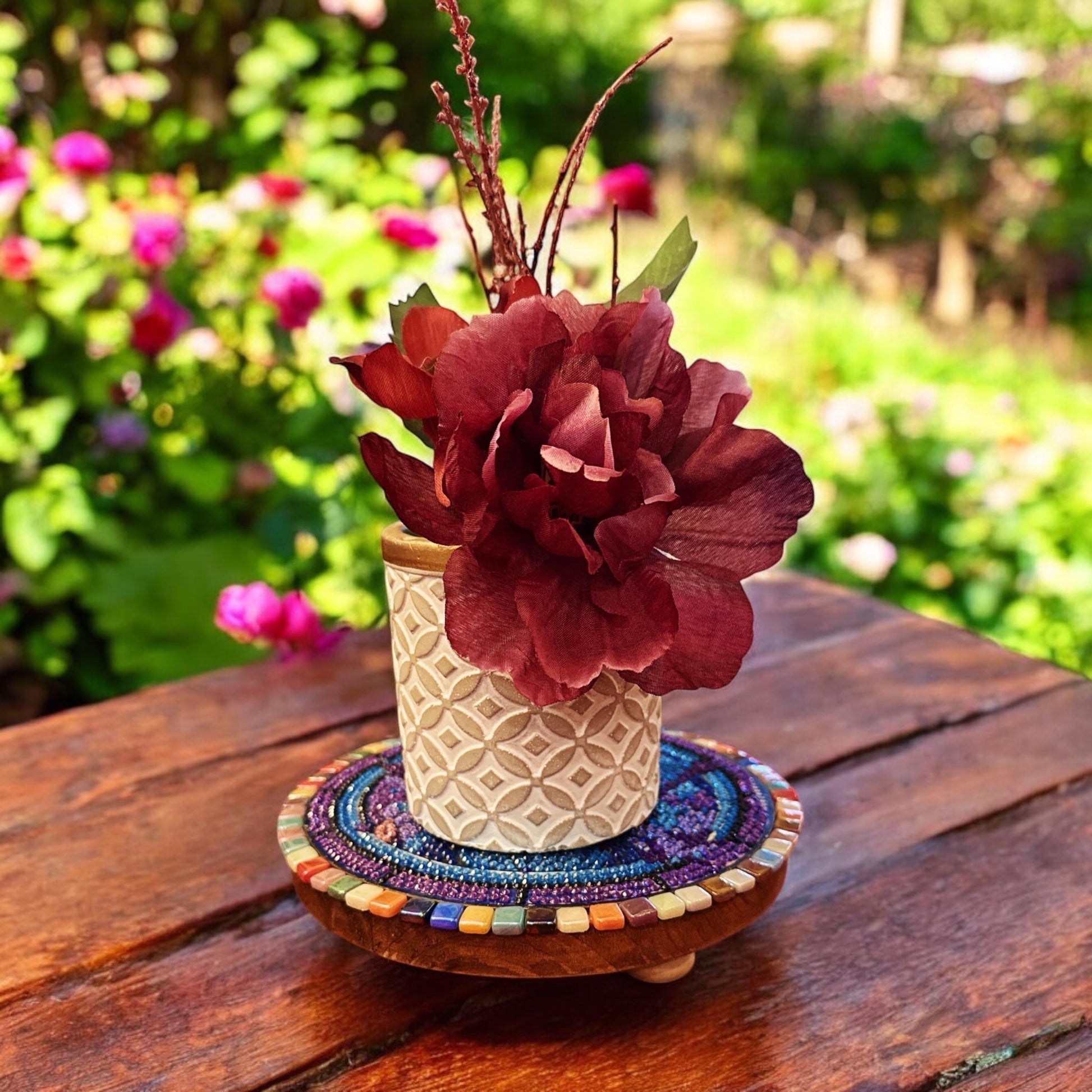 Butterfly crystal mosaic trivet with decorative display featuring colorful glass and intricate design for kitchen or decor use