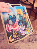 Botanical Butterfly Diamond Art Jute Tote bag featuring colorful butterfly and floral design on natural jute fabric.