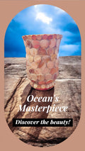 Handcrafted scalloped Capiz shell mosaic vase with a rounded shape and intricate shell pattern, perfect for decorative display.