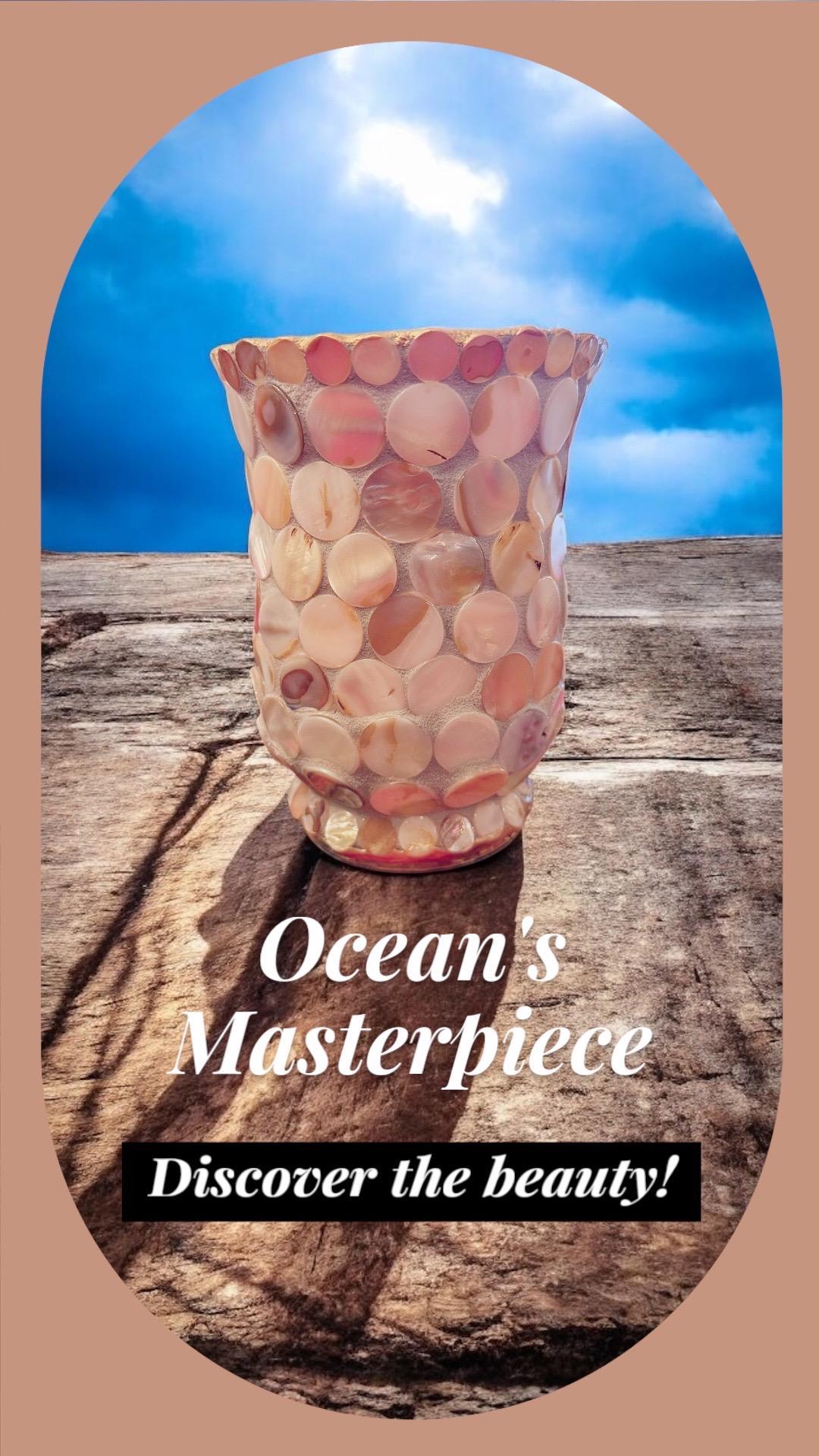 Handcrafted scalloped Capiz shell mosaic vase with a rounded shape and intricate shell pattern, perfect for decorative display.