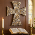 Mother of Pearl mosaic cross with intricate pearl inlay design, showcasing a religious symbol with elegant craftsmanship.