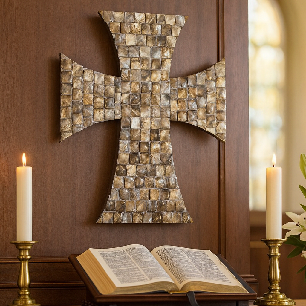 Mother of Pearl mosaic cross with intricate pearl inlay design, showcasing a religious symbol with elegant craftsmanship.