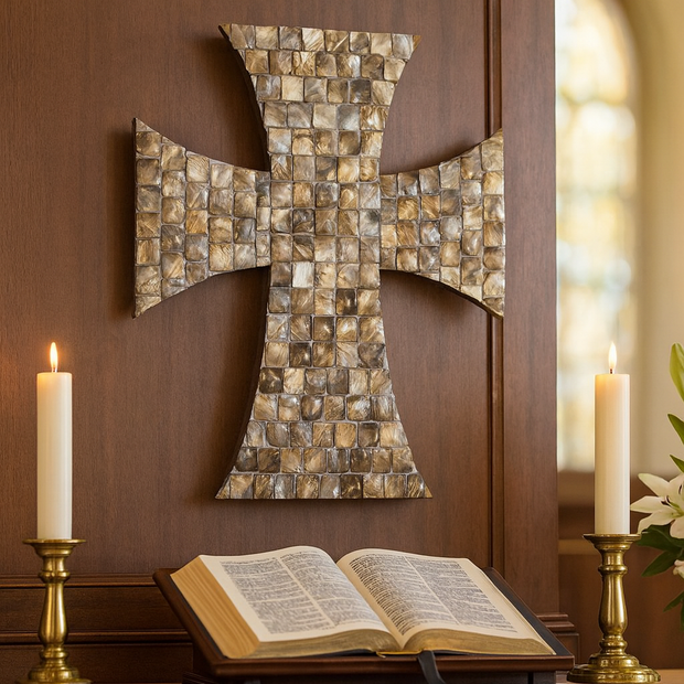 Mosaic Cross | Mother of Pearl Cross | Christian Cross Decor | Cross Wall Hanging | Decorative Cross Art | Brown Cross Art | Standing Cross