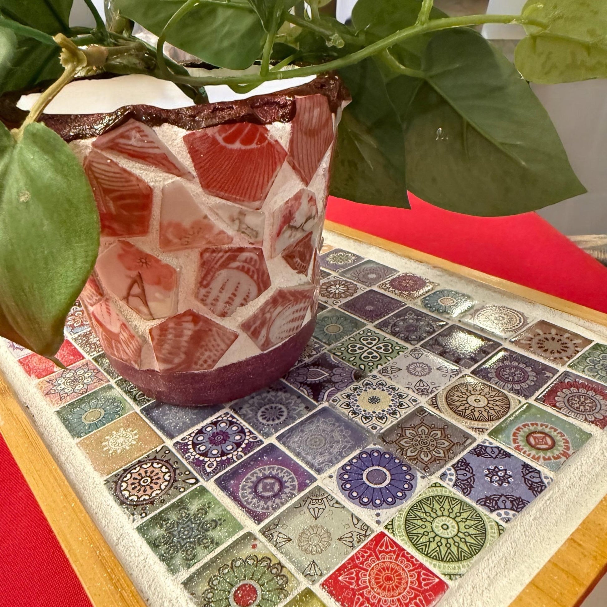 Colorful handcrafted mandala mosaic serving tray with intricate patterns, perfect for serving or decorative display.