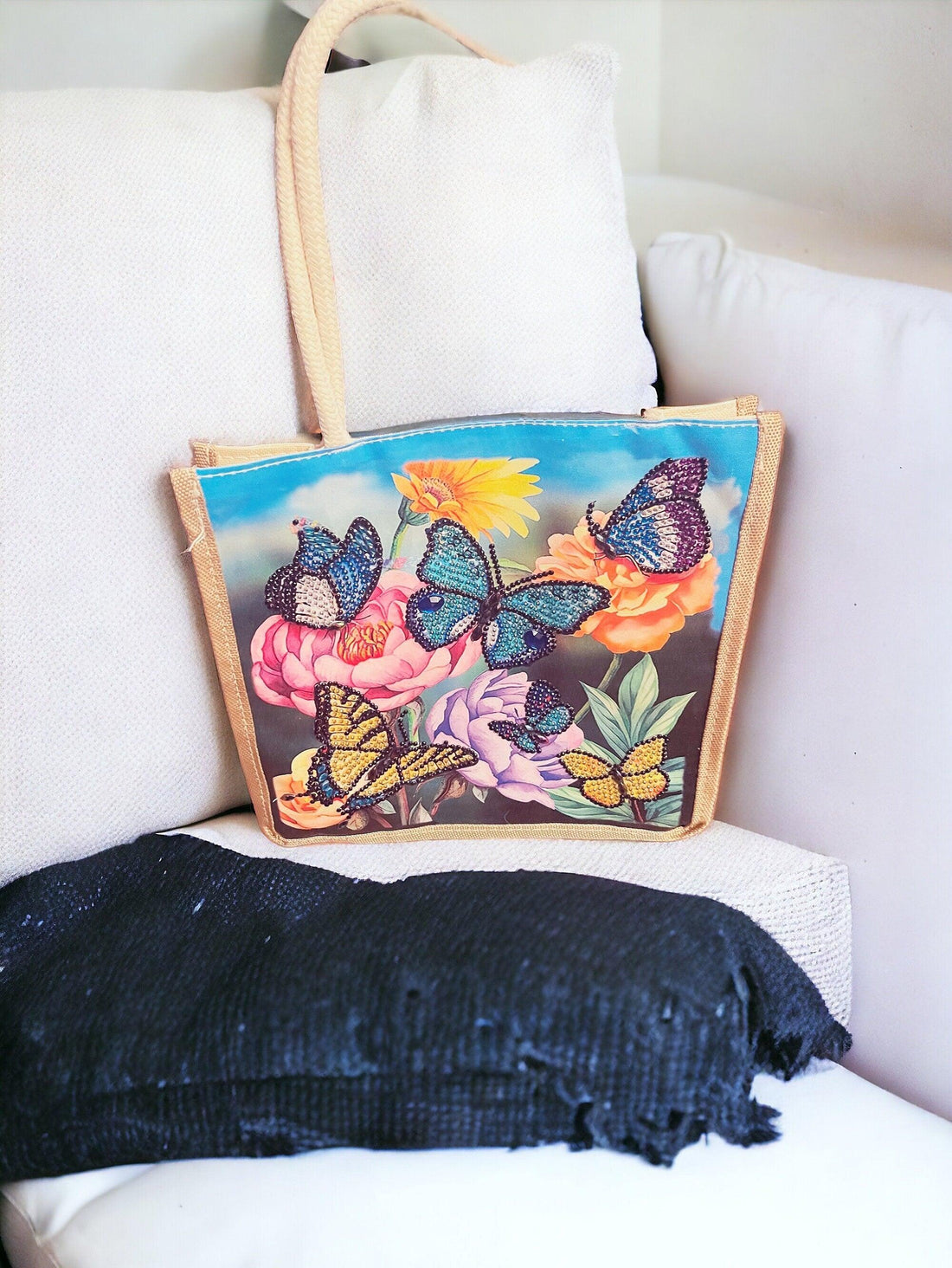 Botanical Butterfly Diamond Art Jute Tote bag with colorful butterfly and floral design, eco-friendly and stylish for everyday use.