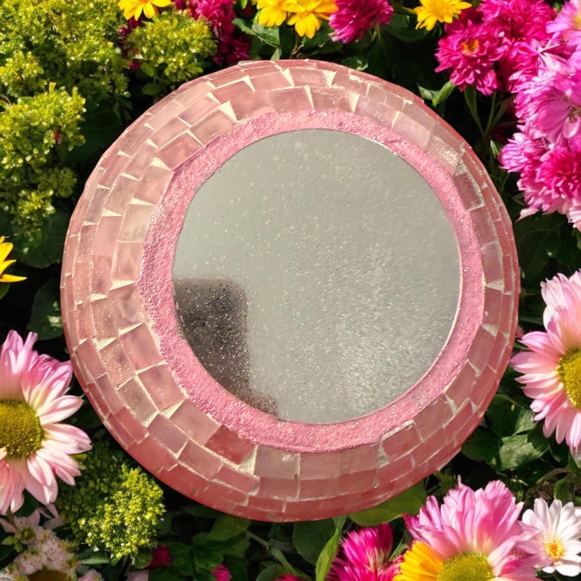 Blush rose mosaic globe vase with intricate tile design, perfect for floral arrangements and decorative display.
