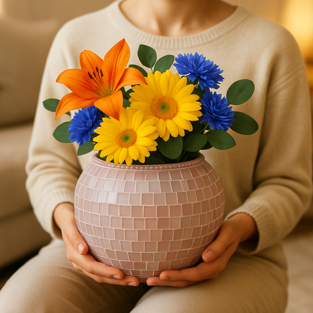 Blush rose mosaic globe vase with intricate pattern and rounded shape, perfect for floral arrangements or decorative display.