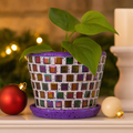 Purple and green mosaic flower pot with floral design, decorative ceramic planter for indoor or outdoor plants.