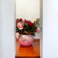 Artisan mauve mosaic globe vase by Miss Bette's Creations featuring intricate mosaic patterns and a rounded shape.
