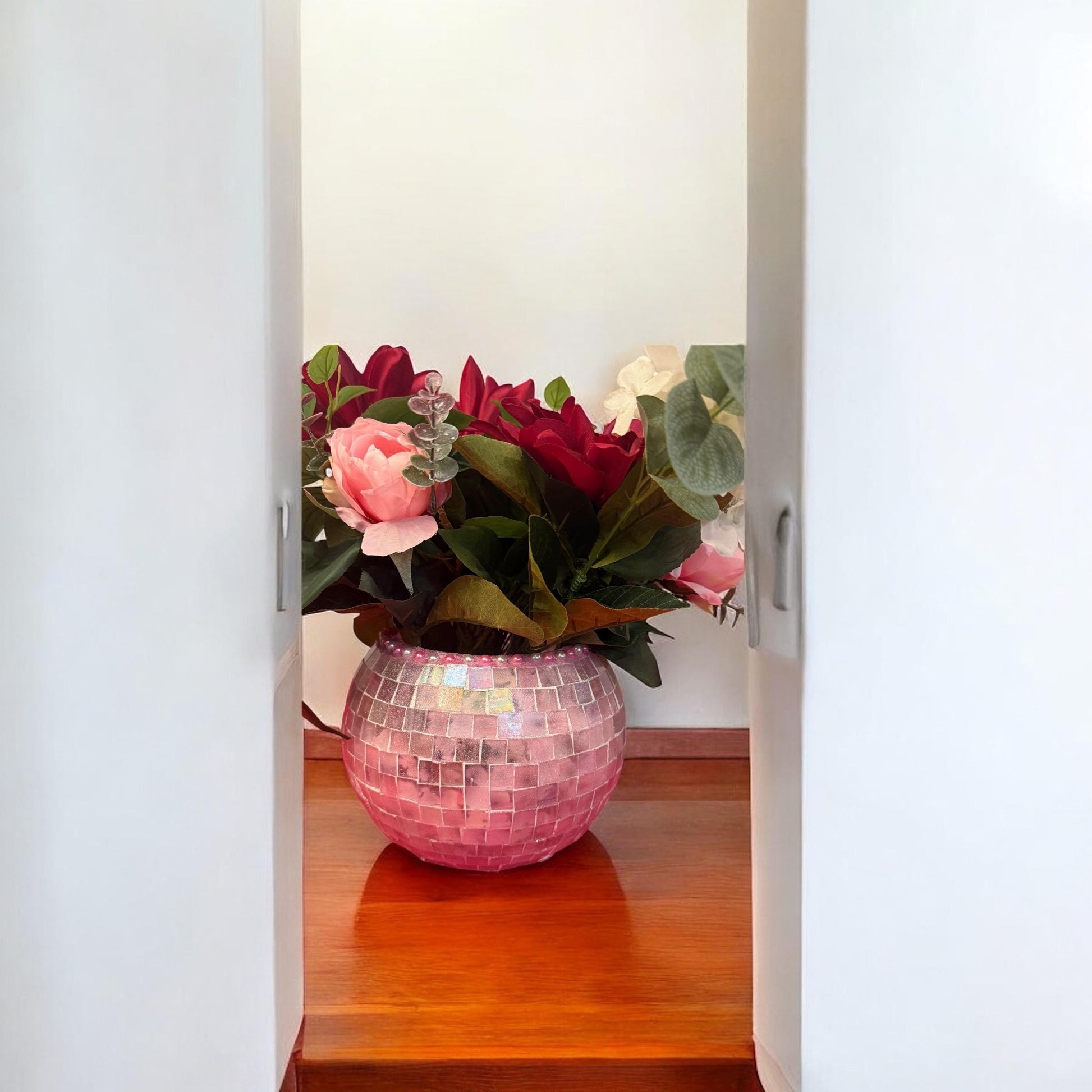 Artisan mauve mosaic globe vase by Miss Bette's Creations featuring intricate mosaic patterns and a rounded shape.