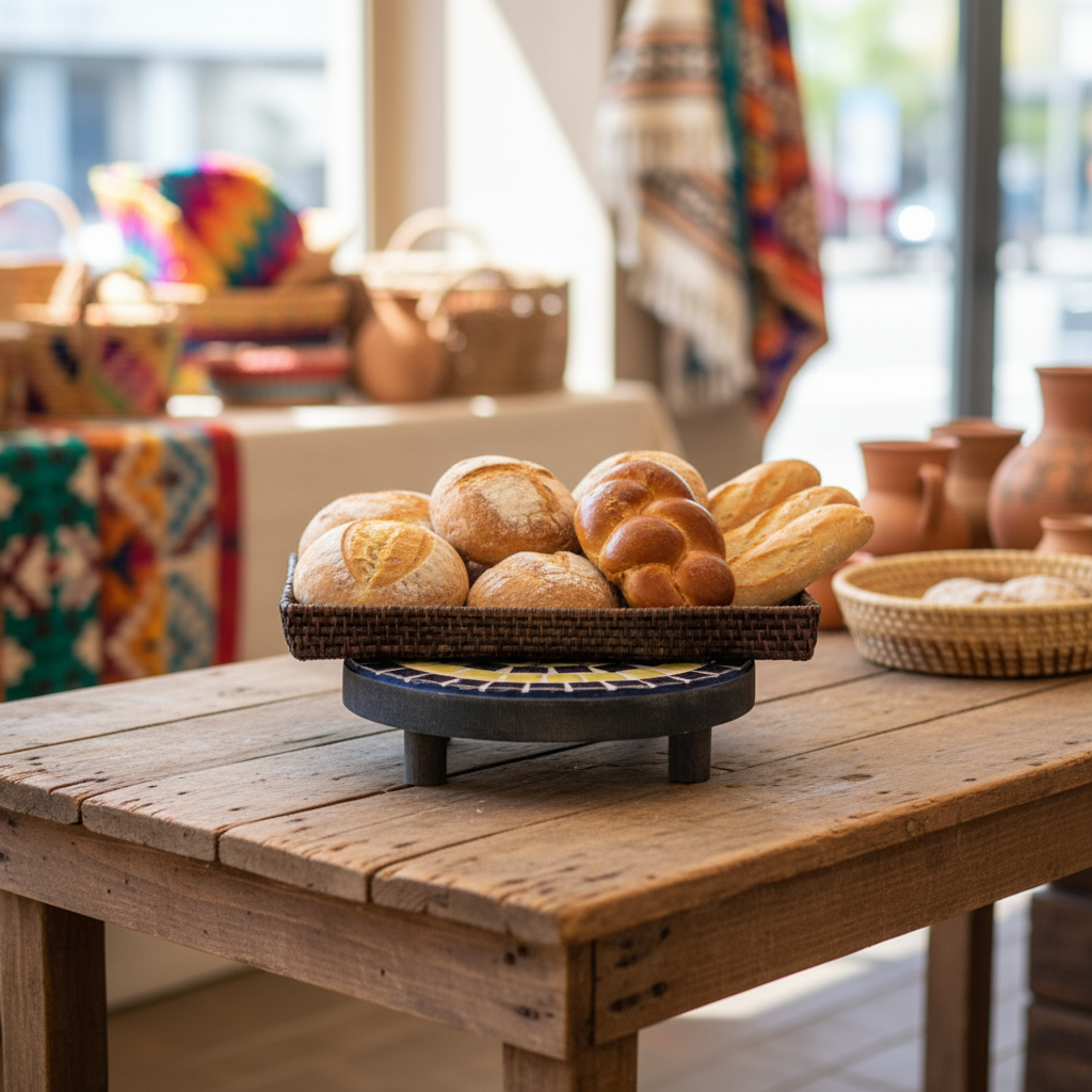 Handmade cobalt blue and yellow mosaic plant stand with intricate tile patterns, suitable for indoor or outdoor plants