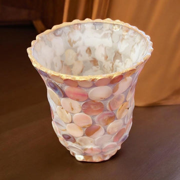 Handcrafted scalloped capiz shell mosaic vase with intricate design, ideal for decorative home display.