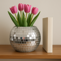 Mirror Ball Disco Globe Vase with reflective, spherical design, perfect for modern home decor and floral arrangements.