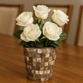 Handcrafted bronze and pearl mosaic planter with intricate design, perfect for indoor or outdoor decorative planting.
