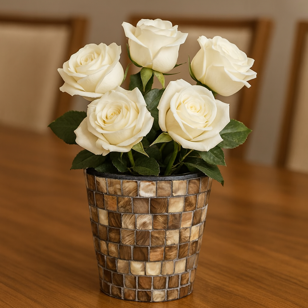 Handcrafted bronze and pearl mosaic planter with intricate design, perfect for indoor or outdoor decorative planting.