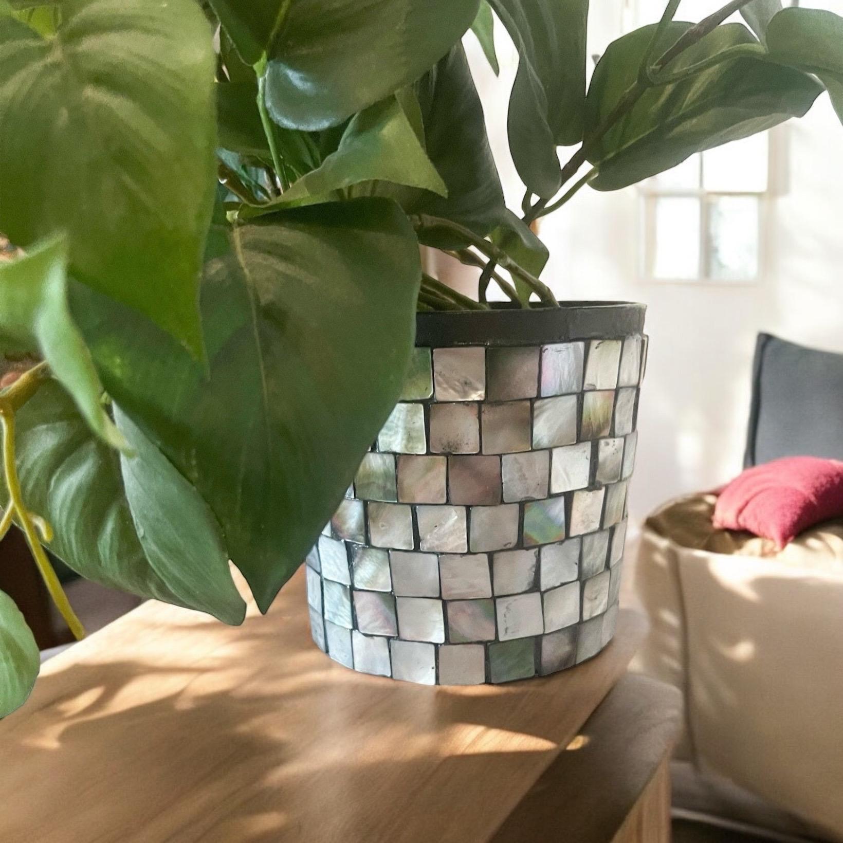Luminous smoky pearl mosaic vase with intricate pattern, crafted by My Store, showcasing a glossy, decorative ceramic design.