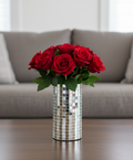 Silver mosaic vase and candle holder with reflective mirror finish, featuring intricate mosaic design for decorative use.