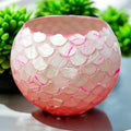 Pink scalloped mosaic bowl with an ombre gradient, handcrafted decorative ceramic piece with intricate tile pattern.