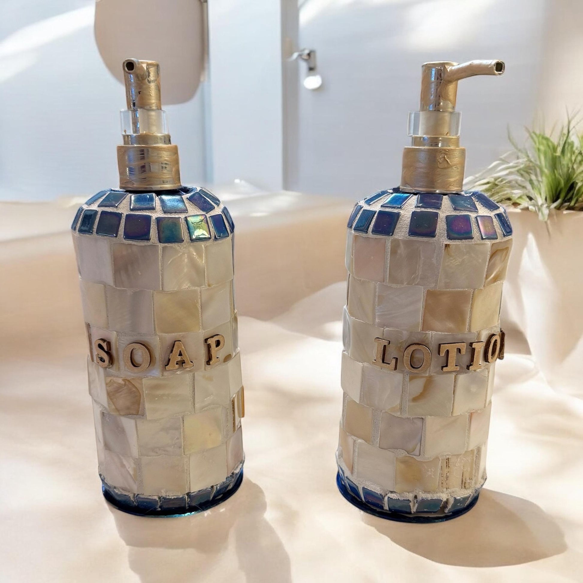 Handcrafted mother of pearl mosaic soap with intricate patterns, showcasing a luxurious and artistic soap design.