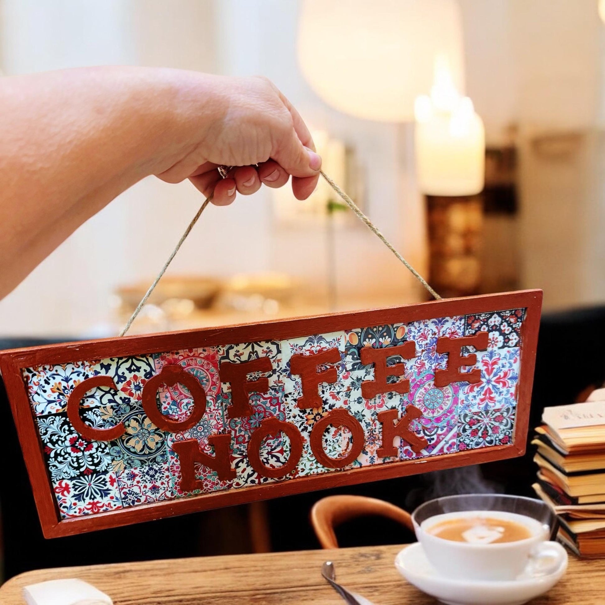 Wooden coffee nook sign wall hanging for home decor, featuring a charming design to add cozy ambiance to kitchen or cafe walls.