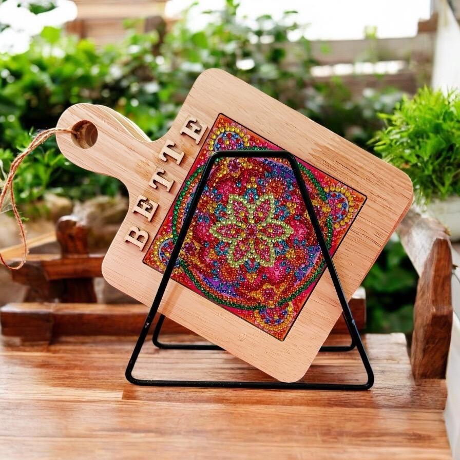 Handcrafted diamond art wood cutting board with intricate design, made by My Store, showcasing detailed craftsmanship on smooth wooden surface.