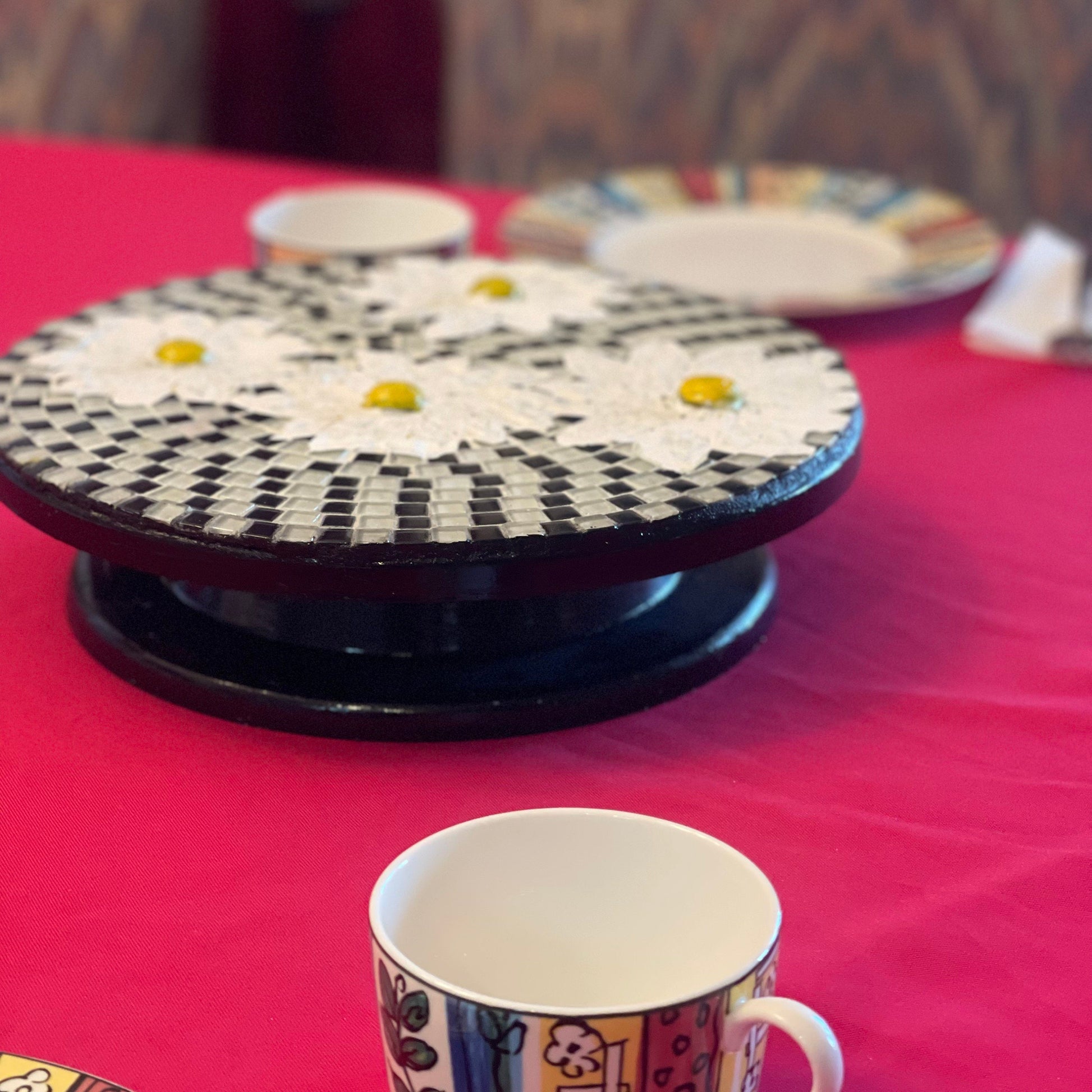 Daisy floral mosaic art cake plate with colorful flower patterns, made of ceramic, designed for serving desserts or decorative display.