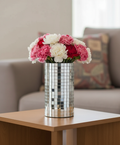 Silver mosaic vase and candle holder with reflective mirror finish, featuring intricate mosaic pattern and decorative design.