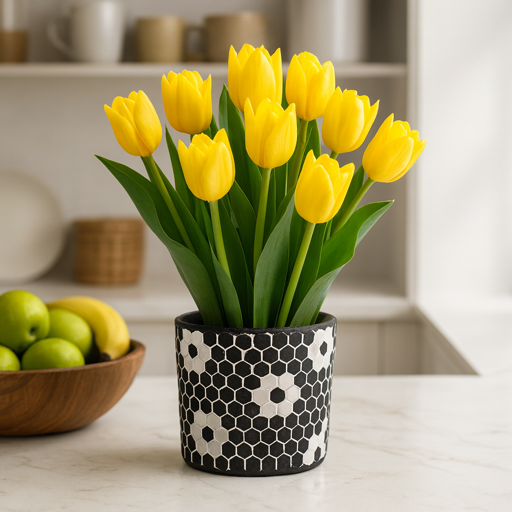 Modern hexagonal honeycomb mosaic vase with a geometric design, featuring a sleek, contemporary style in neutral tones.