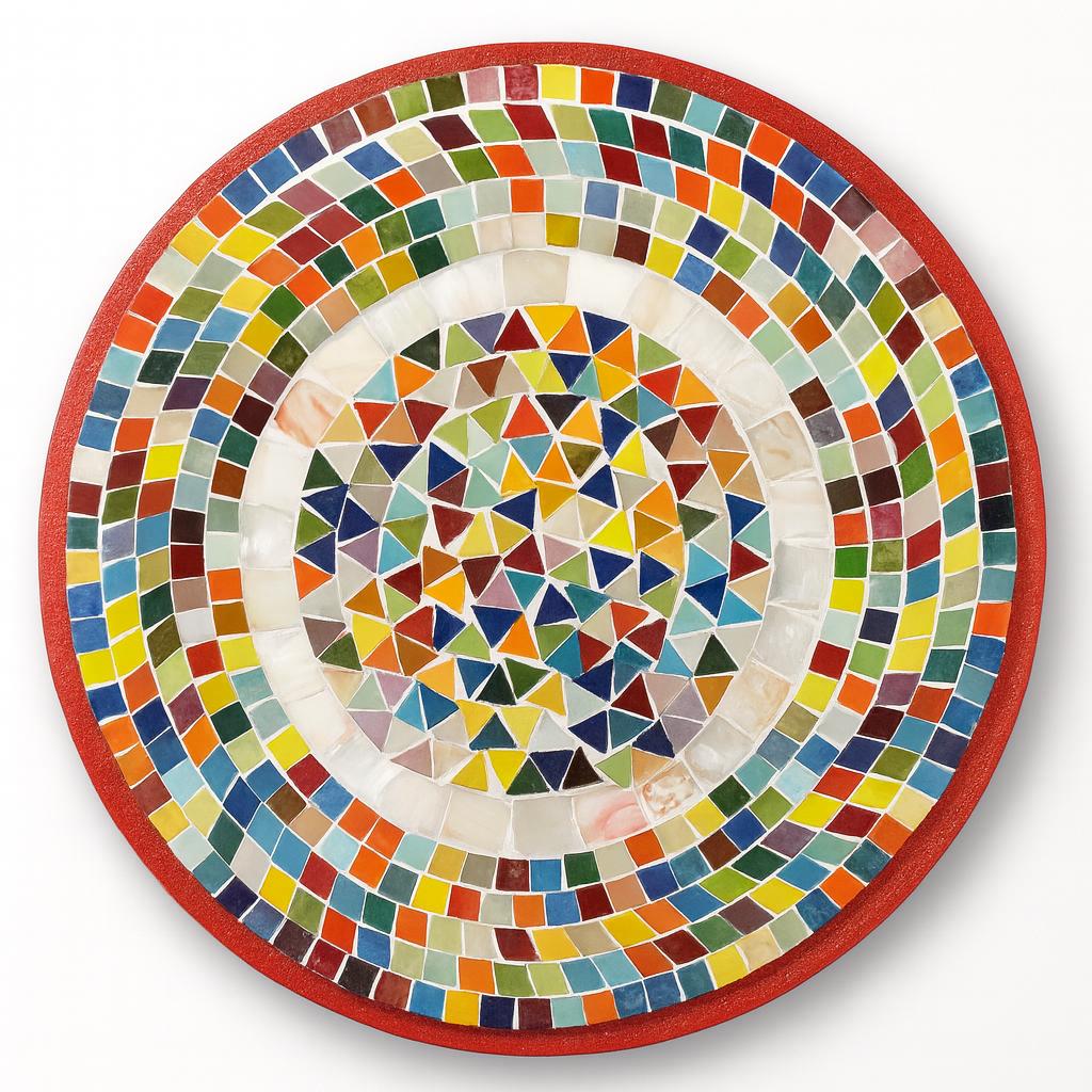 Colorful handcrafted mosaic fruit bowl with vibrant geometric patterns, perfect for serving or decorative display.