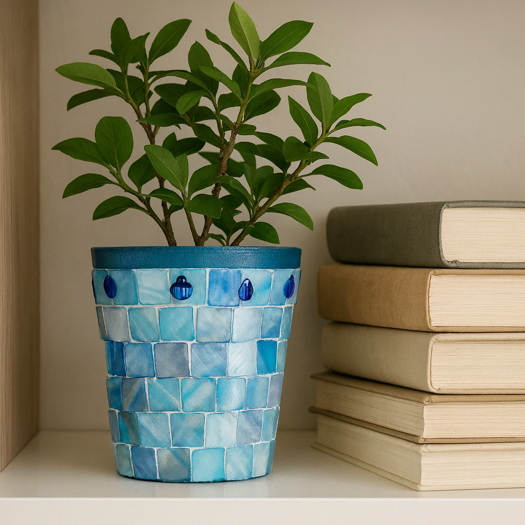 Artisan teal mosaic planter with mother of pearl accents by Miss Bette's Creations, featuring intricate tile detail and a decorative design.